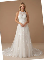 High Neck Halter Lace Applique Tulle A-Line Wedding Gown