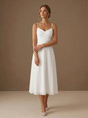 V Neck Spaghetti Strap Pleat Chiffon Midi Wedding Dress for Civil Ceremony