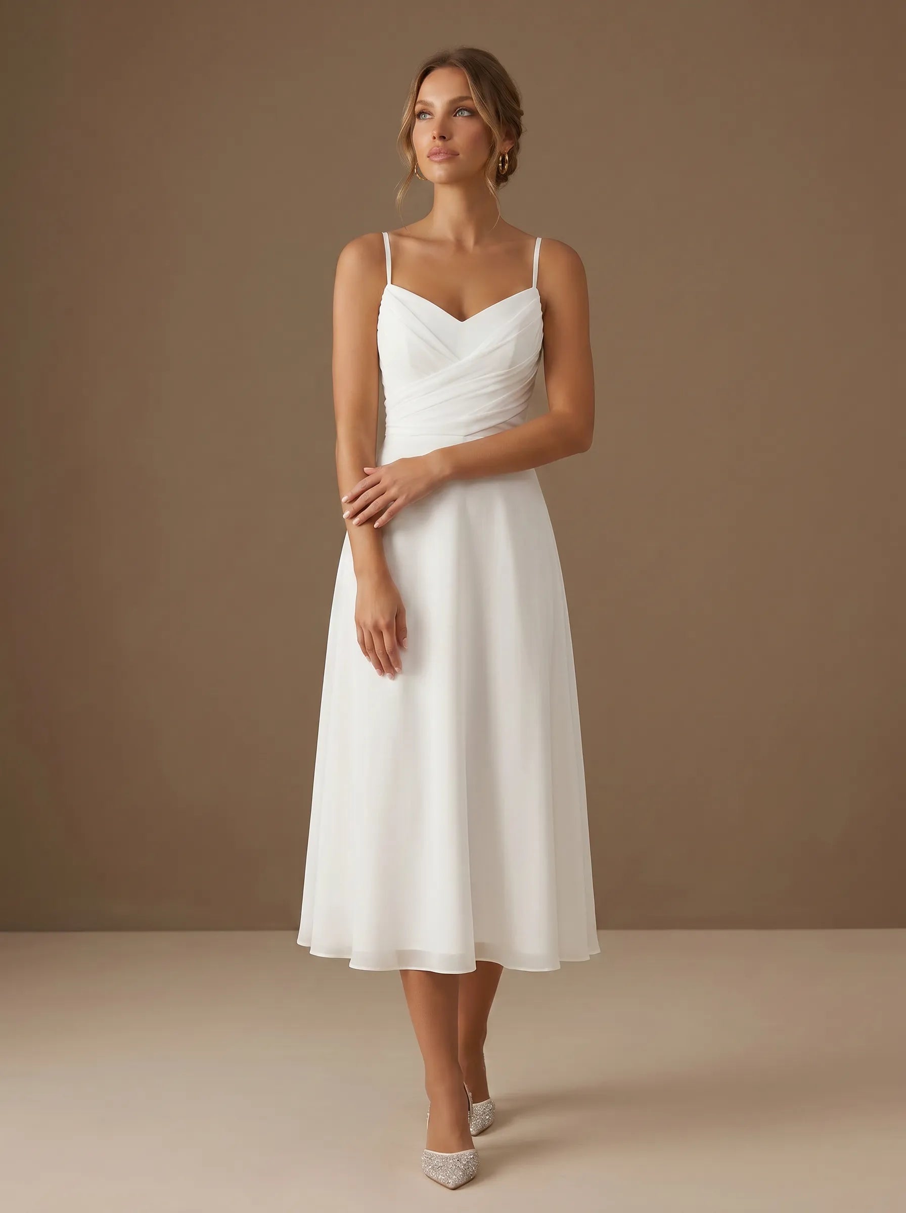 V Neck Spaghetti Strap Pleat Chiffon Midi Wedding Dress for Civil Ceremony
