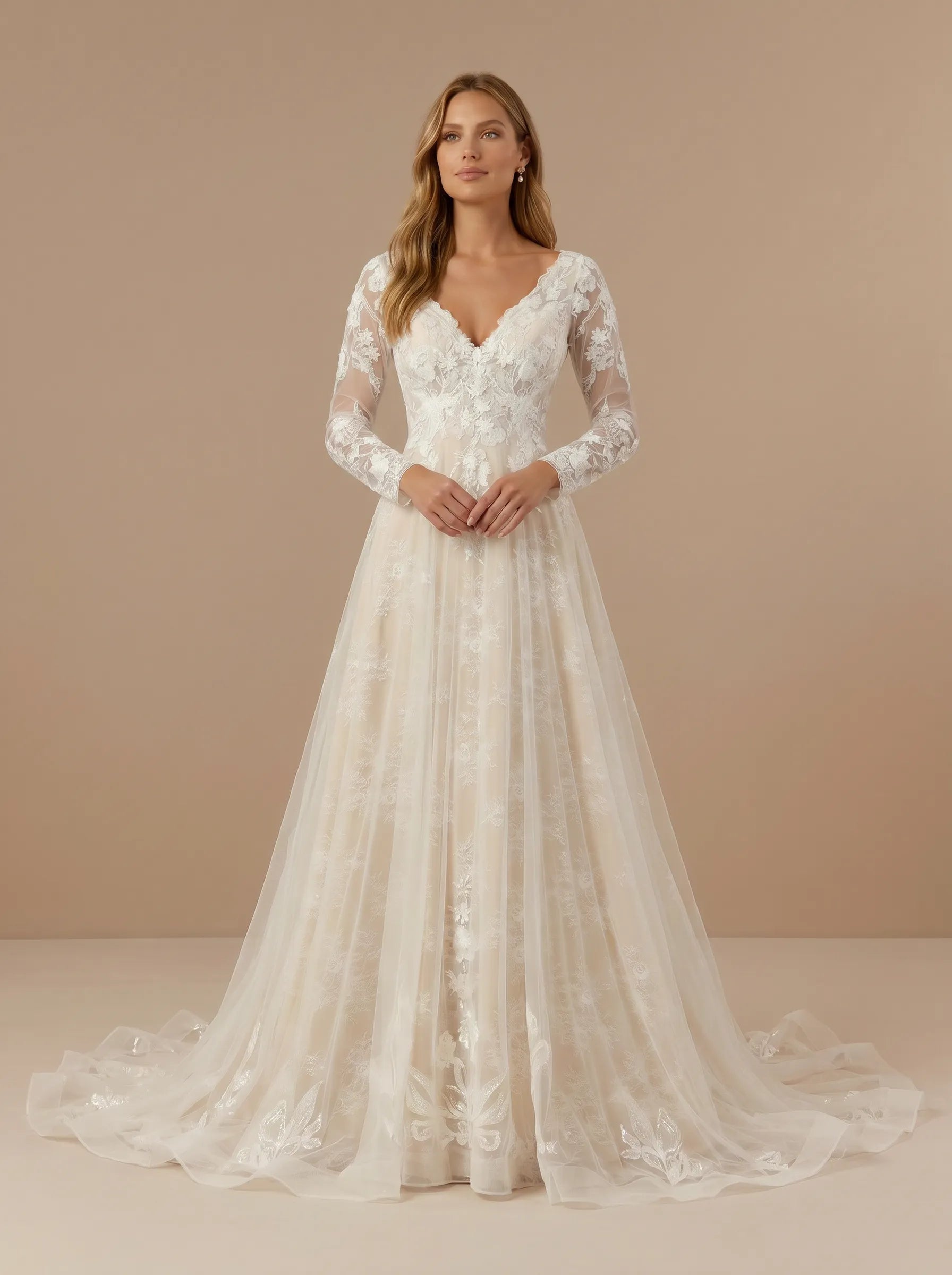 Elegant V-Neck Long Sleeve Lace Appliques Tulle A-Line Wedding Gown