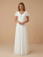 Elegant V-Neck Flutter Sleeve A-Line Ruched Chiffon Wedding Gown