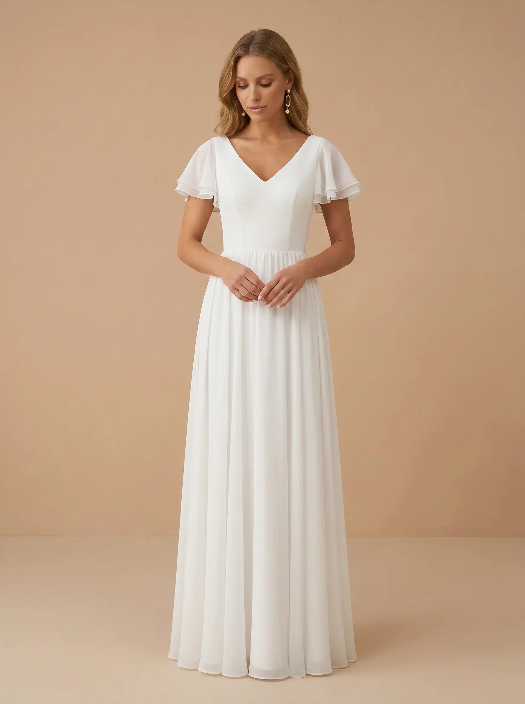 Elegant V-Neck Flutter Sleeve A-Line Ruched Chiffon Wedding Gown