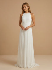 Scoop Neck Pleat Chiffon Criss-Cross Waist A-Line Wedding Gown
