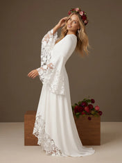 Elegant V-Neck High-Low A Line Boho Wedding Dress with Lace Sleeves