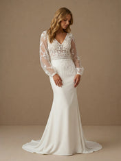 V-Neck Puff Sleeve Lace Applique Mermaid Wedding Dress