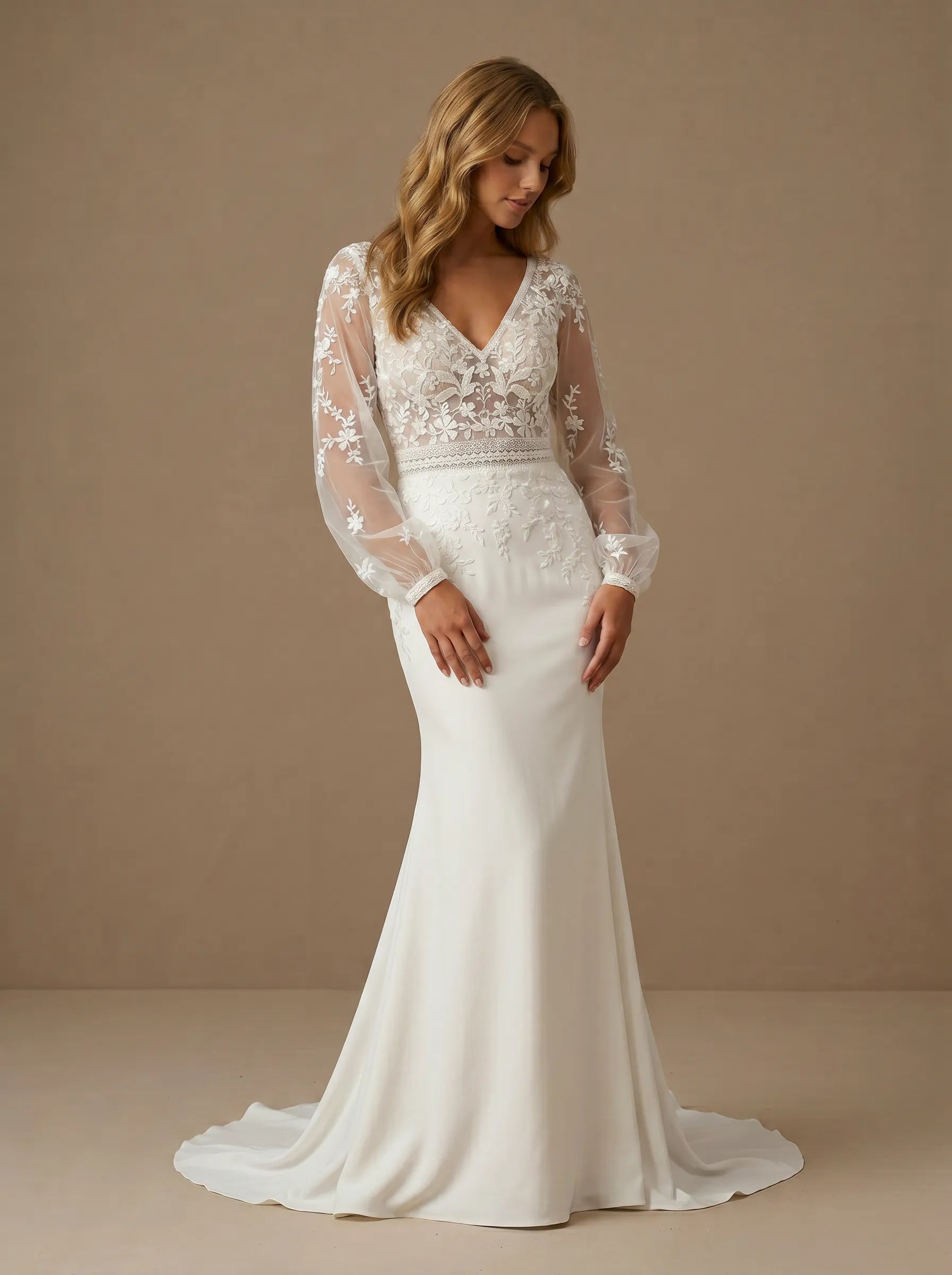 V-Neck Puff Sleeve Lace Applique Mermaid Wedding Dress