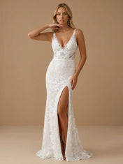 V-Neck Lace Applique Mermaid Wedding Gown with High Slit