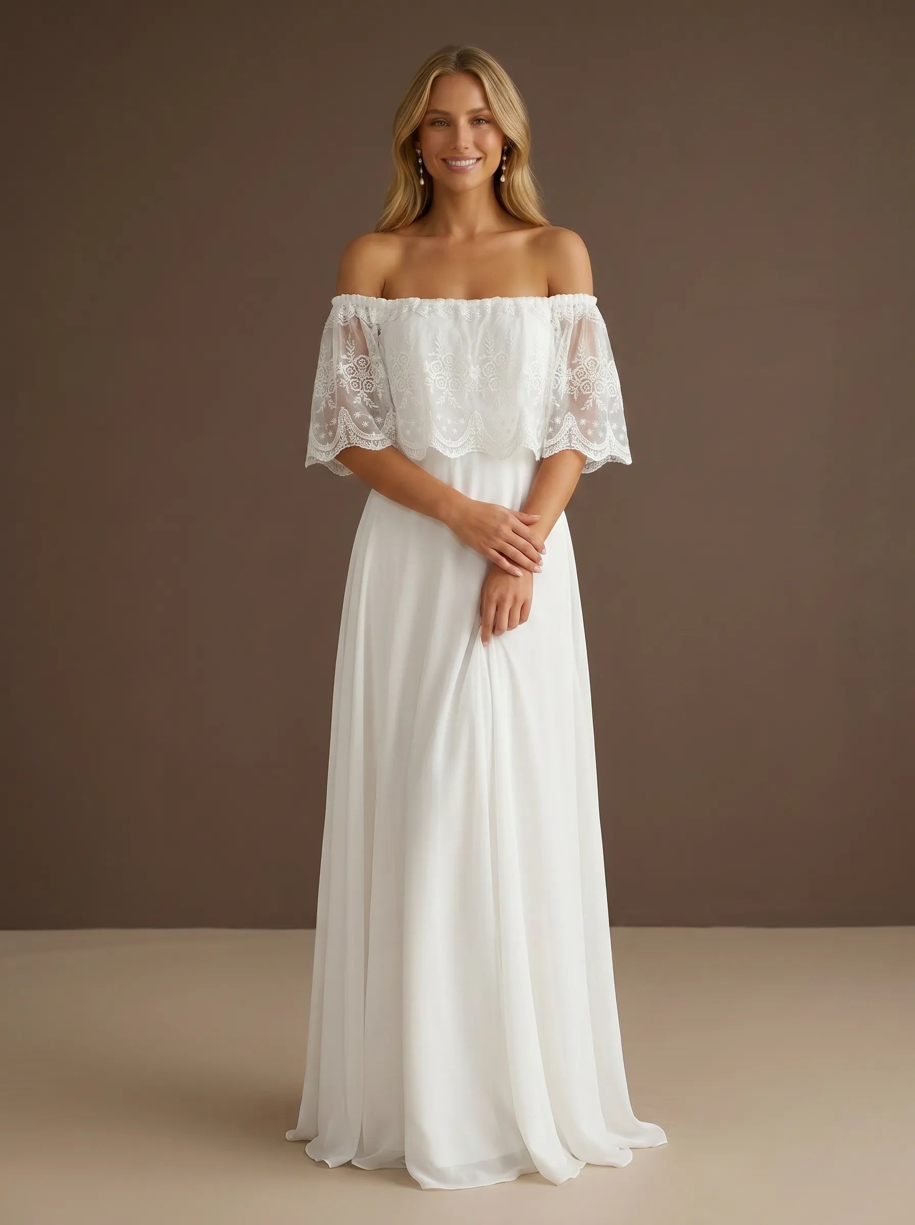Schulterfreie Boho-Brautkleid aus Chiffon mit Spitzenapplikationen und Rüschen