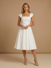 Square Neck Cap Sleeve Satin Midi Wedding Dress with Pleat
