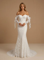 Off the Shoulder Lace Mermaid Long Sleeves Wedding Gown with Bow