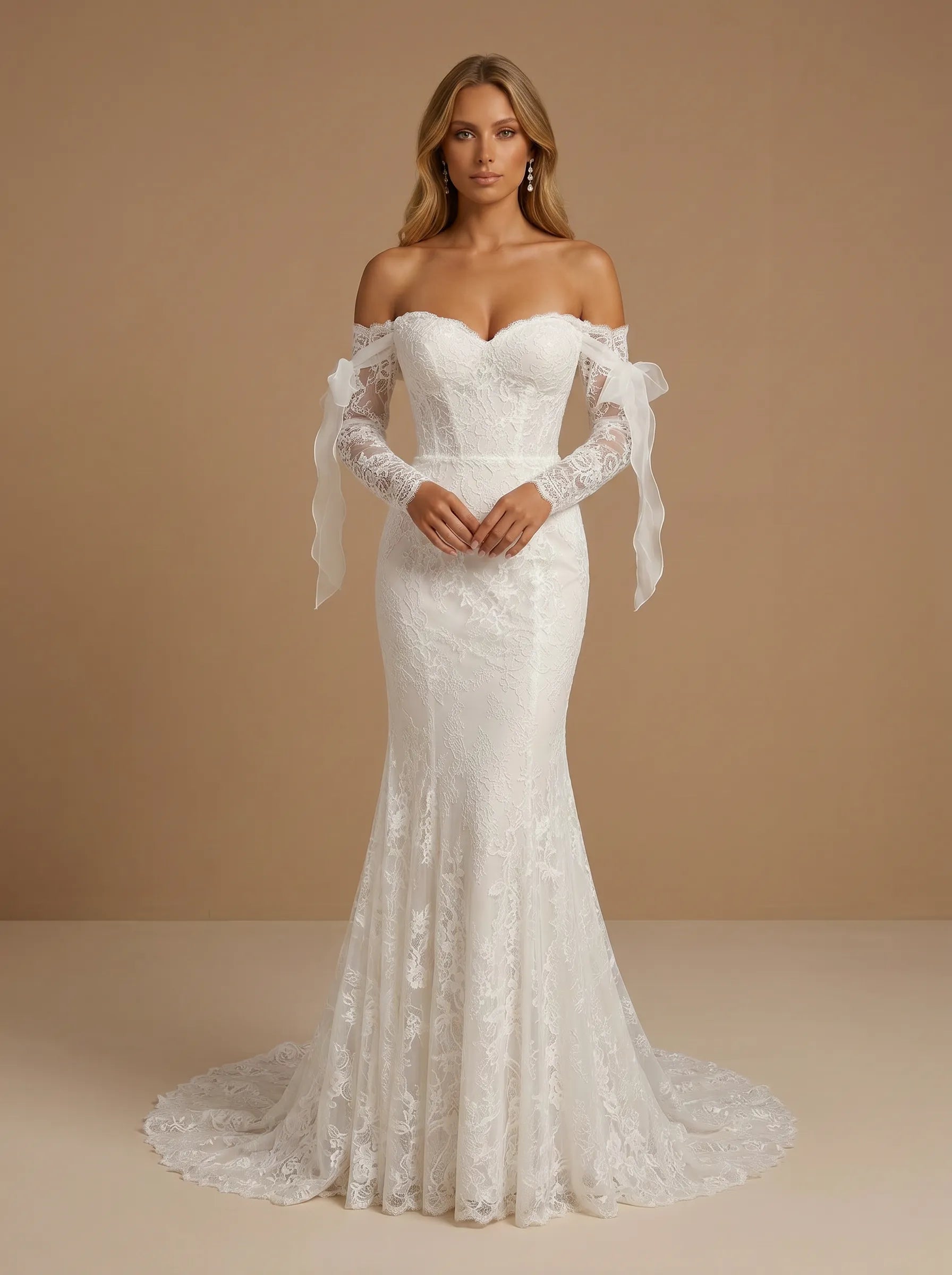 Off the Shoulder Lace Mermaid Long Sleeves Wedding Gown with Bow