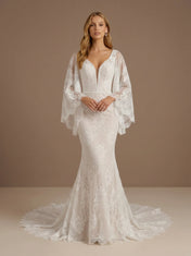 V-Neck Lace Applique Mermaid Boho Wedding Gown with Train
