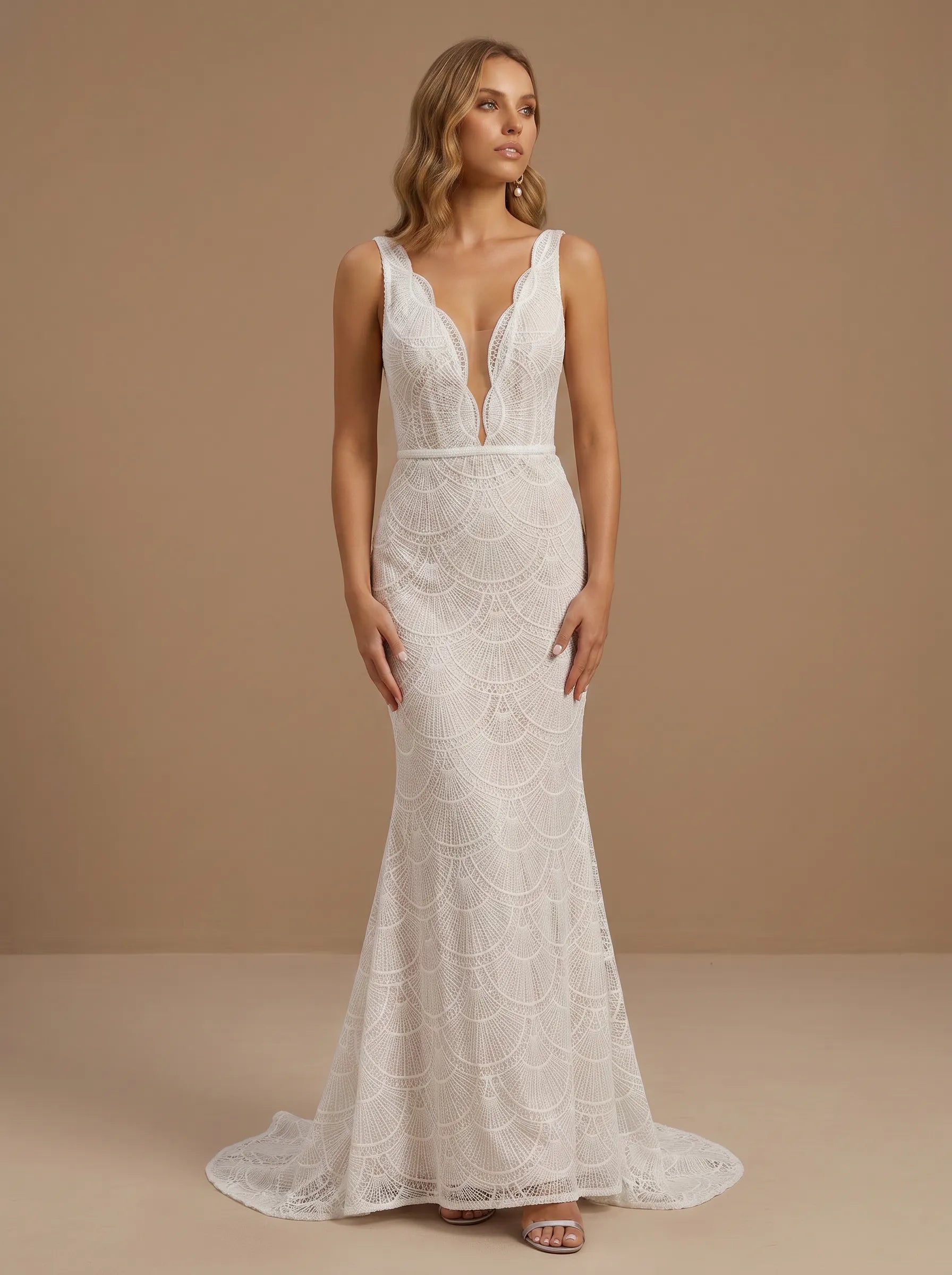 Sleeveless V-Neck Lace Appliques Mermaid Wedding Gown