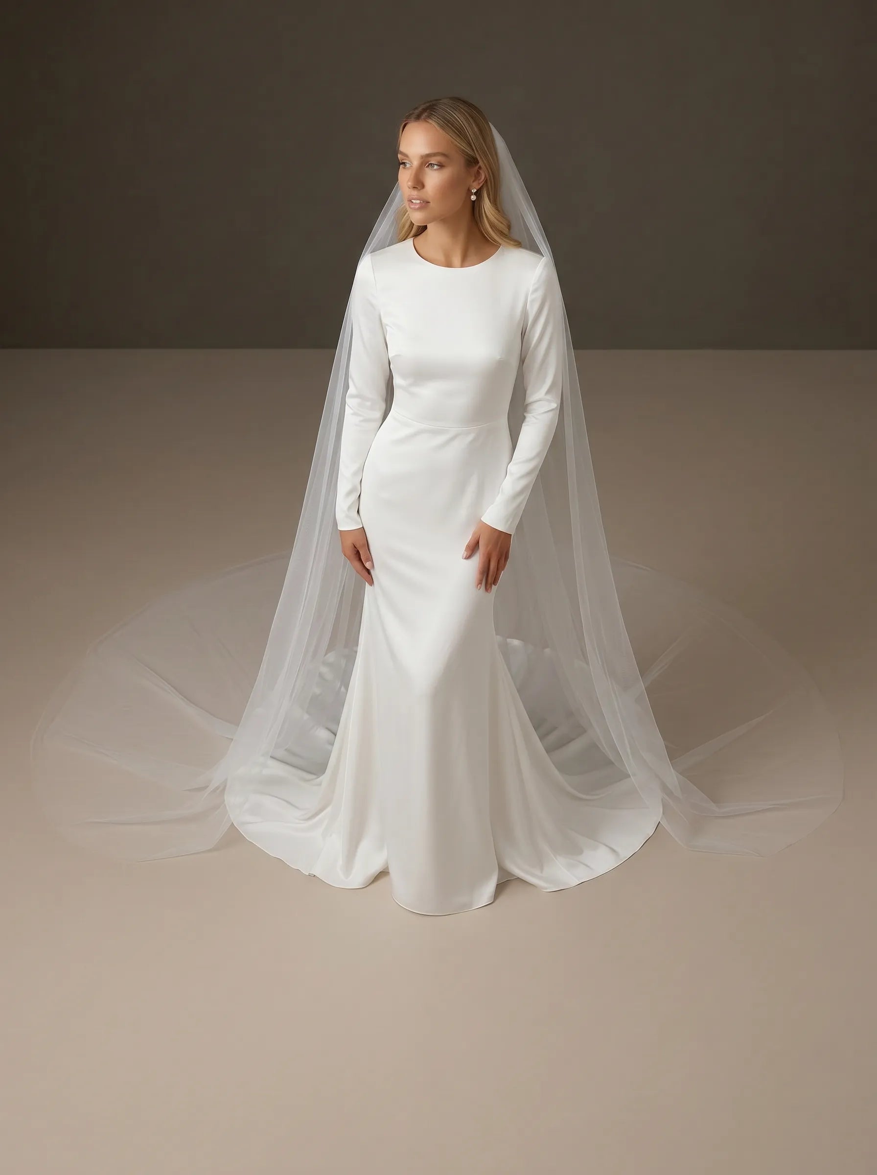 Scoop Neck Satin Mermaid Wedding Gown with Long Sleeve