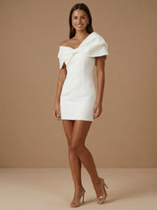 One Shoulder Bow Bodycon Satin Mini Wedding Dress