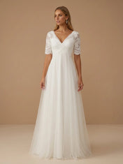 V-Neck Lace Applique Short Sleeve Tulle A-Line Wedding Gown
