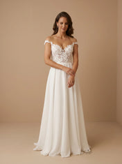 Off the Shoulder Leaf Lace Applique Chiffon Wedding Gown