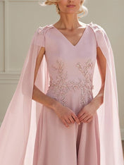 Pink Chiffon A Line V Neck Short Sleeves Ankle Length Mother of the Bride Dresses