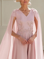 Pink Chiffon A Line V Neck Short Sleeves Ankle Length Mother of the Bride Dresses