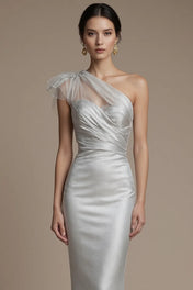 Evening Ball Silver Gray Dress One Shoulder Glitter Pleated Maxi Dress