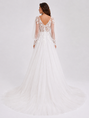 Elegant V-Neck Long Sleeve Lace Appliquéd Tulle A-Line Wedding Dress with High Slit and Chapel Train