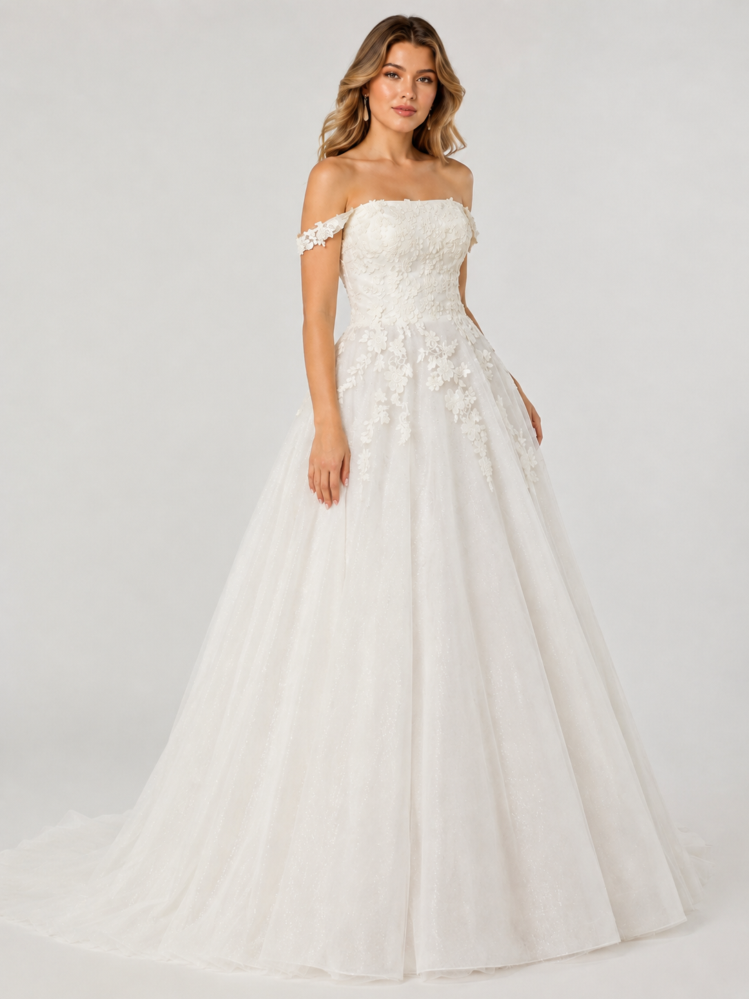 Elegant Off-the-Shoulder Lace Applique Tulle A-Line Wedding Dress with Corset Back and Chapel Train