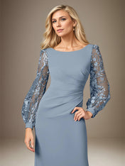 Dusty Blue Stretch Crepe Round Neck Long Sleeves Floor Length Dress With Appliques