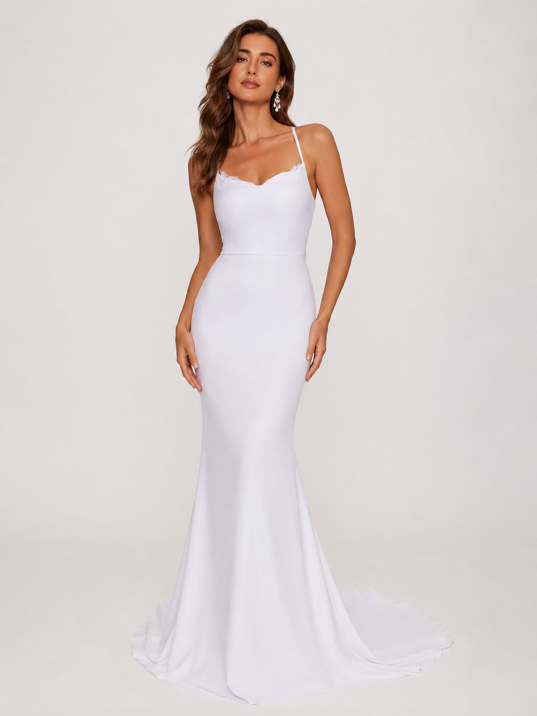 Elegant Spaghetti Strap Lace-Trimmed Satin Sheath Wedding Dress with Sweep Train