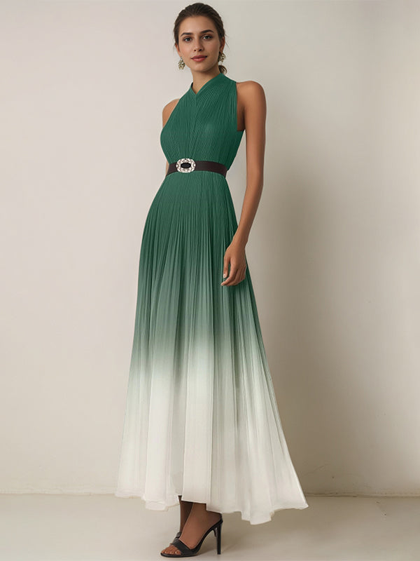 Dreamylily Women Evening Dress Green-White Ombre Pleated Chiffon Belt Ankle Length Dress