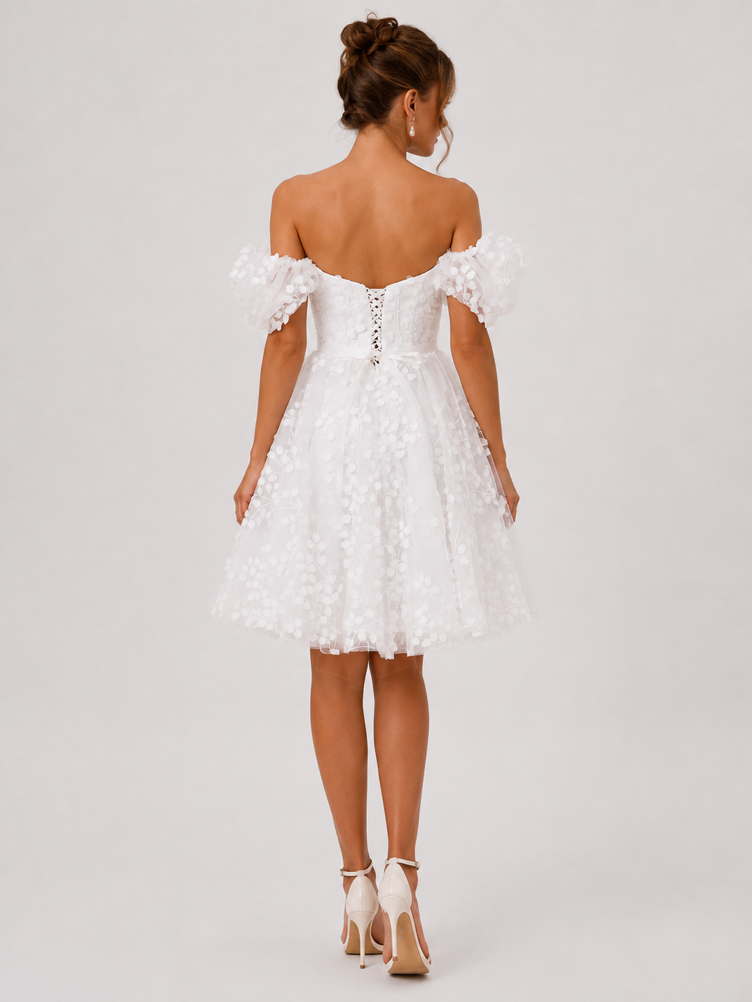 Elegant Off-the-Shoulder Short Bubble Sleeve A-Line Wedding Dress with Textured Floral Tulle