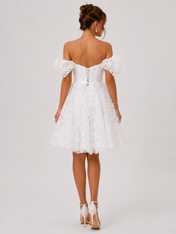 Elegant Off-the-Shoulder Short Bubble Sleeve A-Line Wedding Dress with Textured Floral Tulle