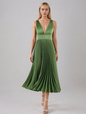 Olive Green A Line Satin V Neck Sleeveless Tea Length Dress
