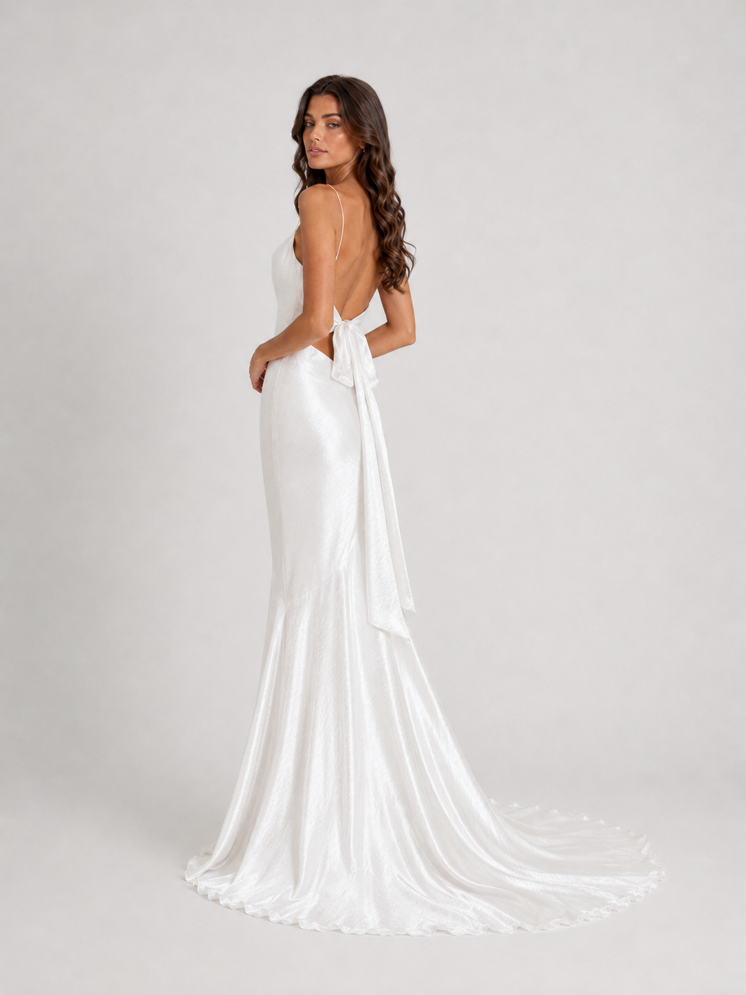 Elegant Spaghetti Strap Cowl Neck Satin Sheath Wedding Dress with Bow Back and Sweep Train