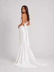 Elegant Spaghetti Strap Cowl Neck Satin Sheath Wedding Dress with Bow Back and Sweep Train
