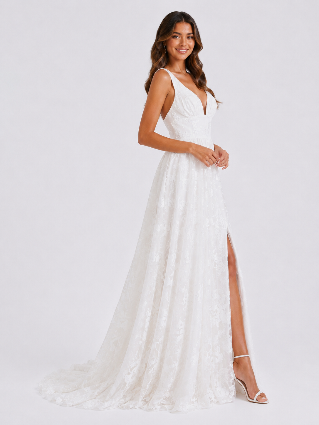 Elegant V-Neck Lace A-Line Wedding Dress with High Slit and Chapel Train