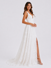Elegant V-Neck Lace A-Line Wedding Dress with High Slit and Chapel Train
