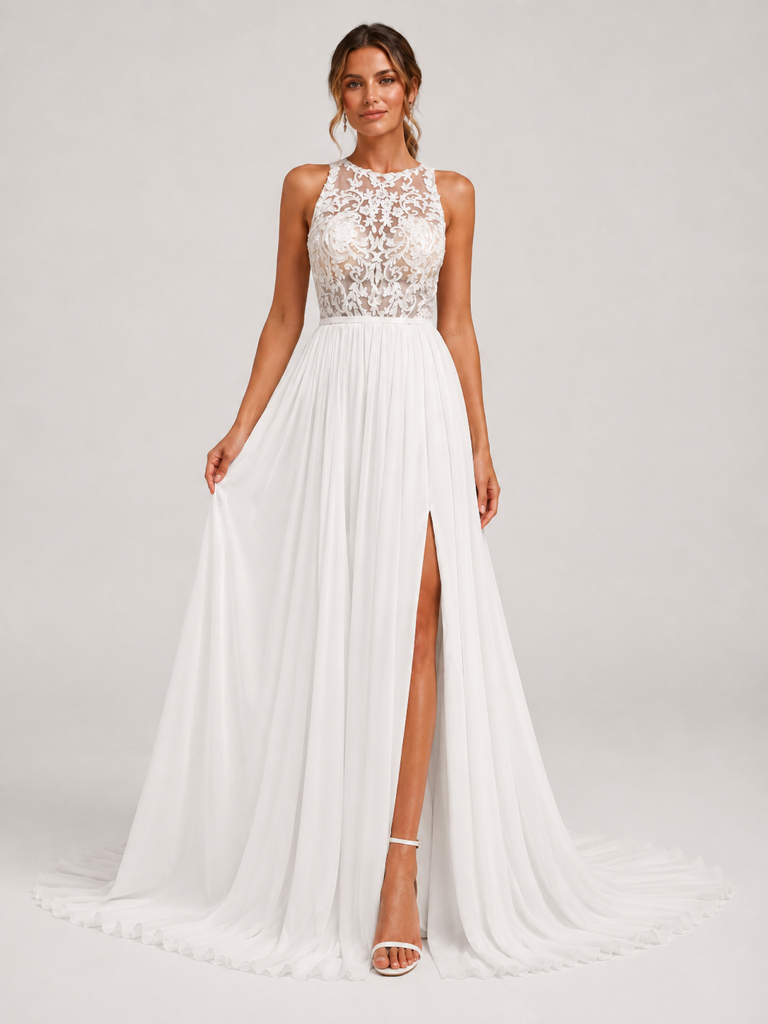 Elegant High-Neck Lace Bodice Chiffon A-Line Wedding Dress with High Slit and Chapel Train