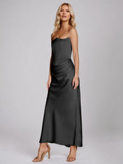 Black Satin Sheath/Column Off The Shoulder Sleeveless Floor Length Dress