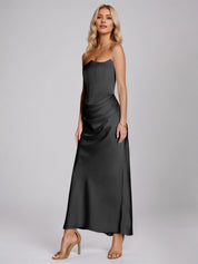 Black Satin Sheath/Column Off The Shoulder Sleeveless Floor Length Dress