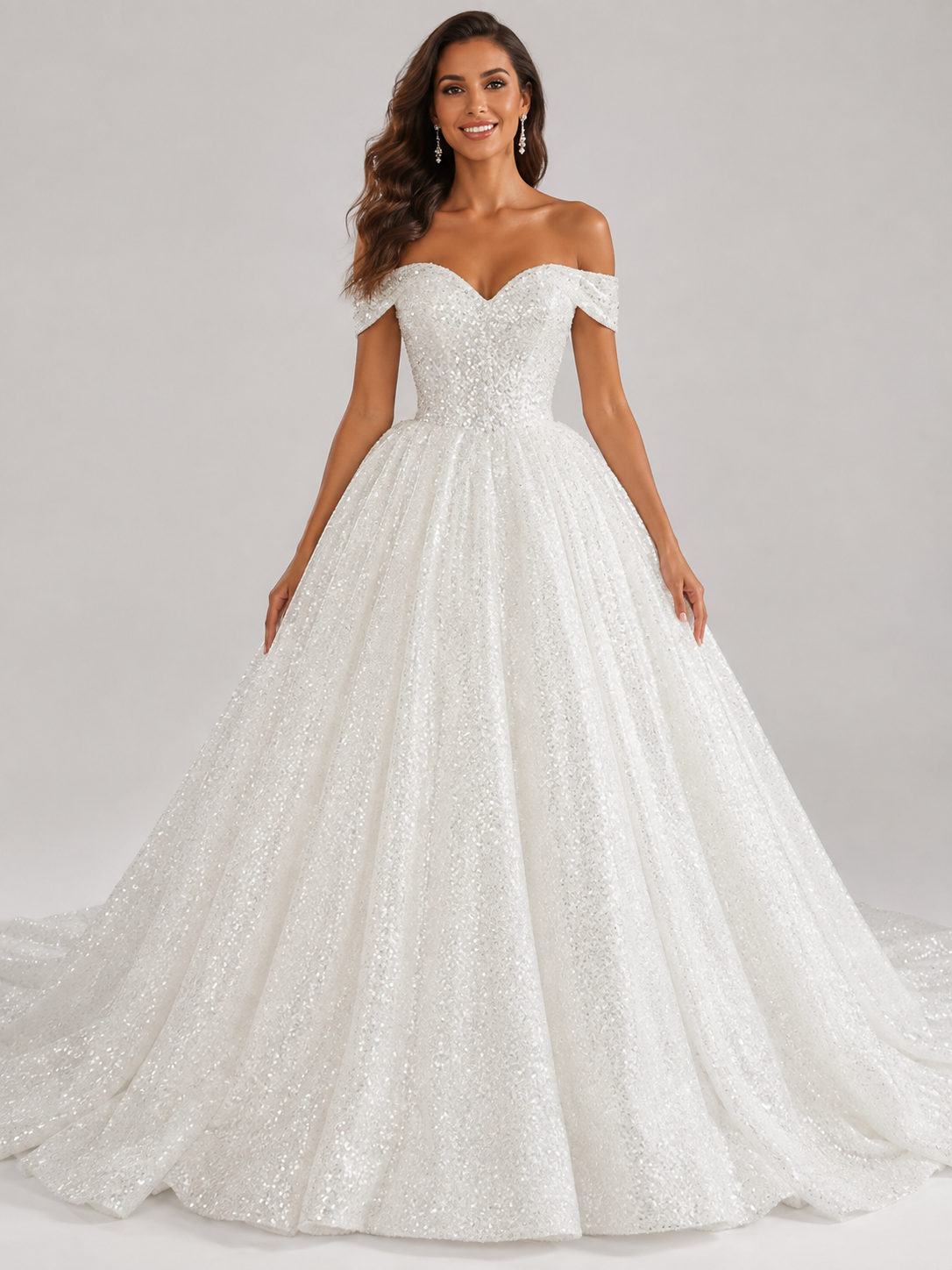 Elegant Off-the-Shoulder Sparkling Glitter Tulle A-Line Wedding Dress with Corset Back and Chapel Train