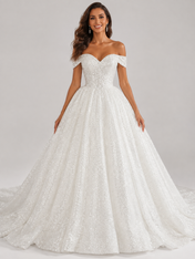 Elegant Off-the-Shoulder Sparkling Glitter Tulle A-Line Wedding Dress with Corset Back and Chapel Train