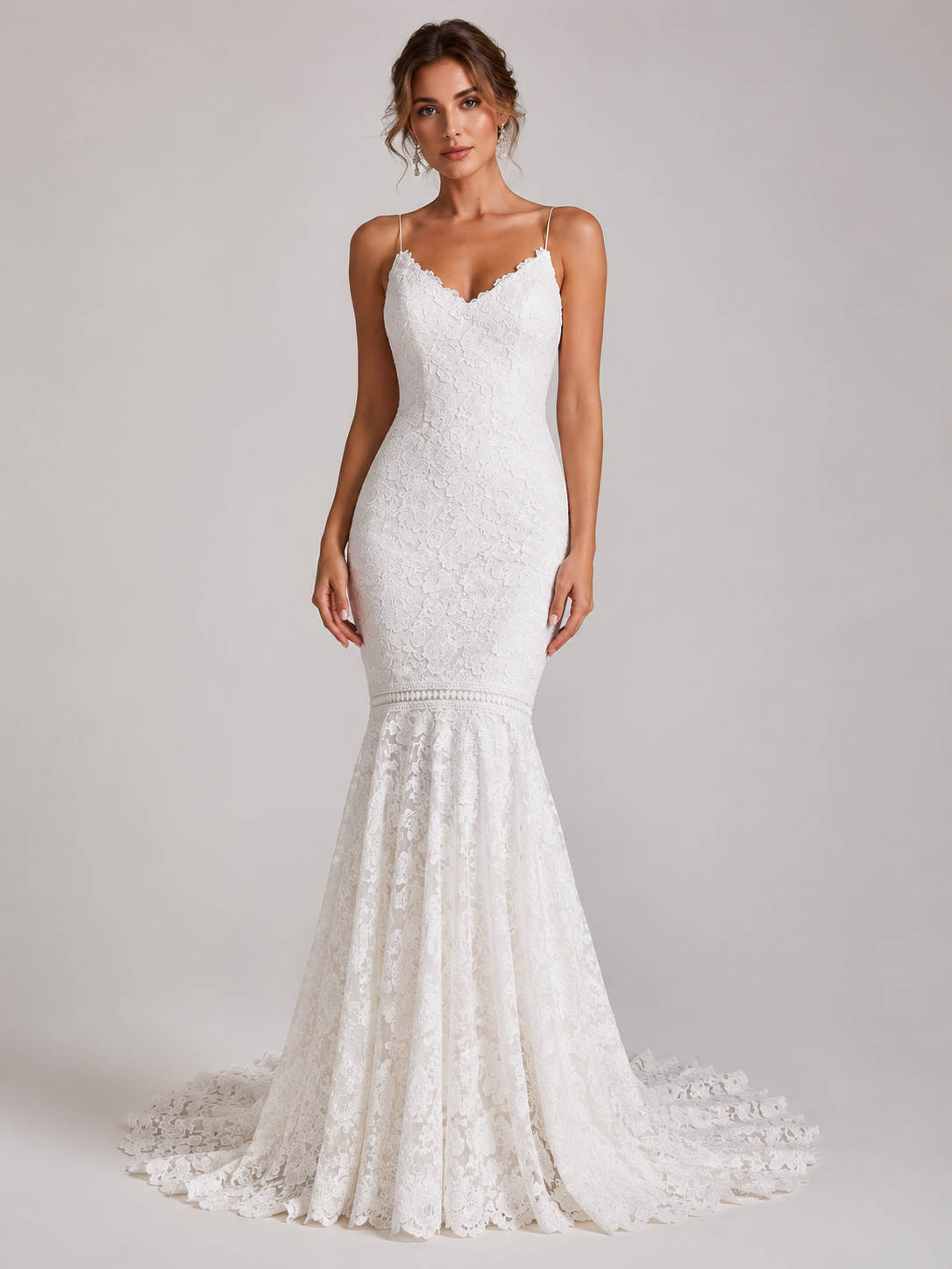 Elegant V-Neck Lace Mermaid Wedding Dress with Chapel Train