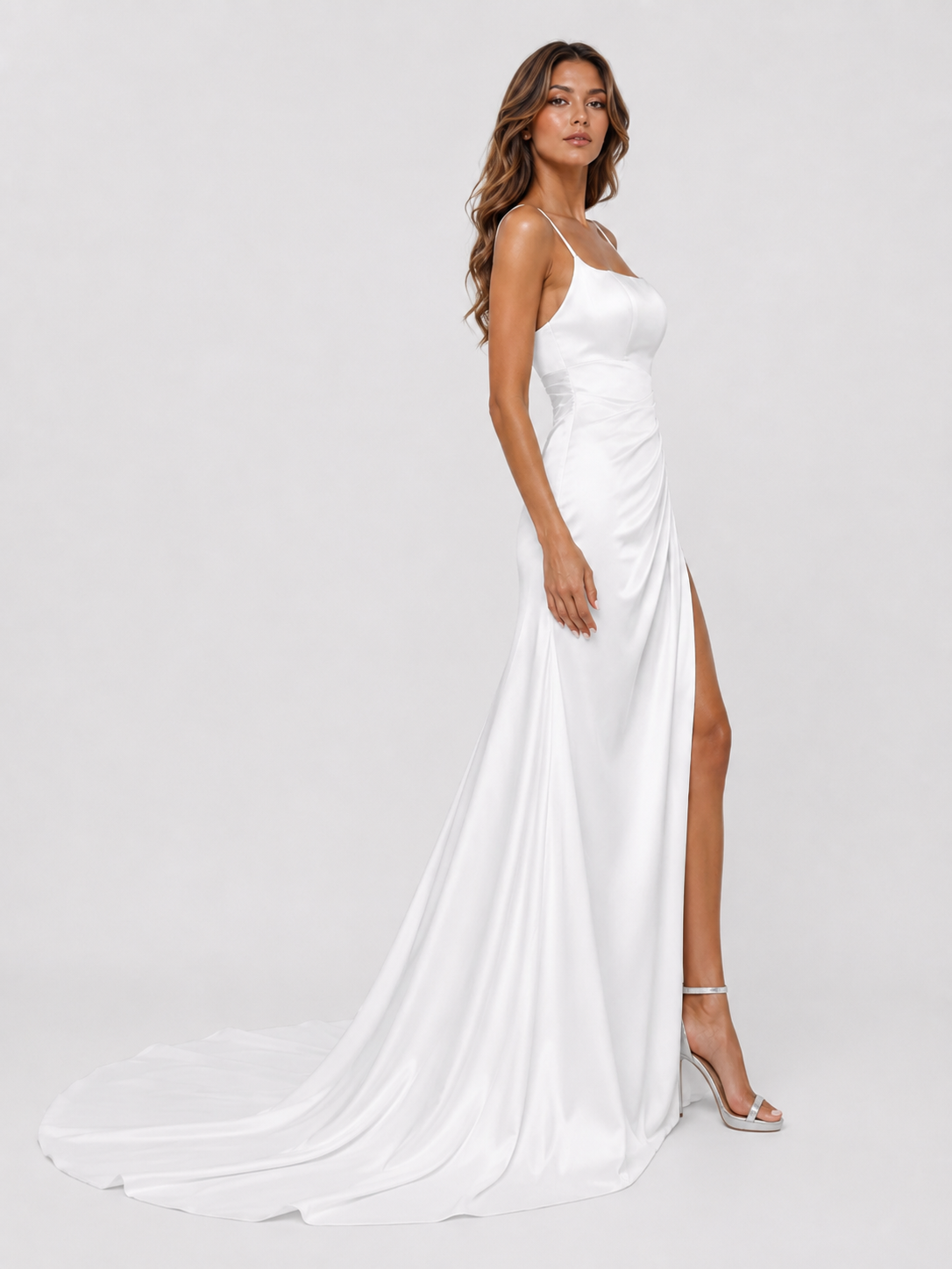 Elegant Square-Neck Ruched Satin Mermaid Wedding Dress with High Slit and Chapel Train