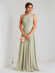 A Line Sage Chiffon One Shoulder Sleeveless Floor Length Dress