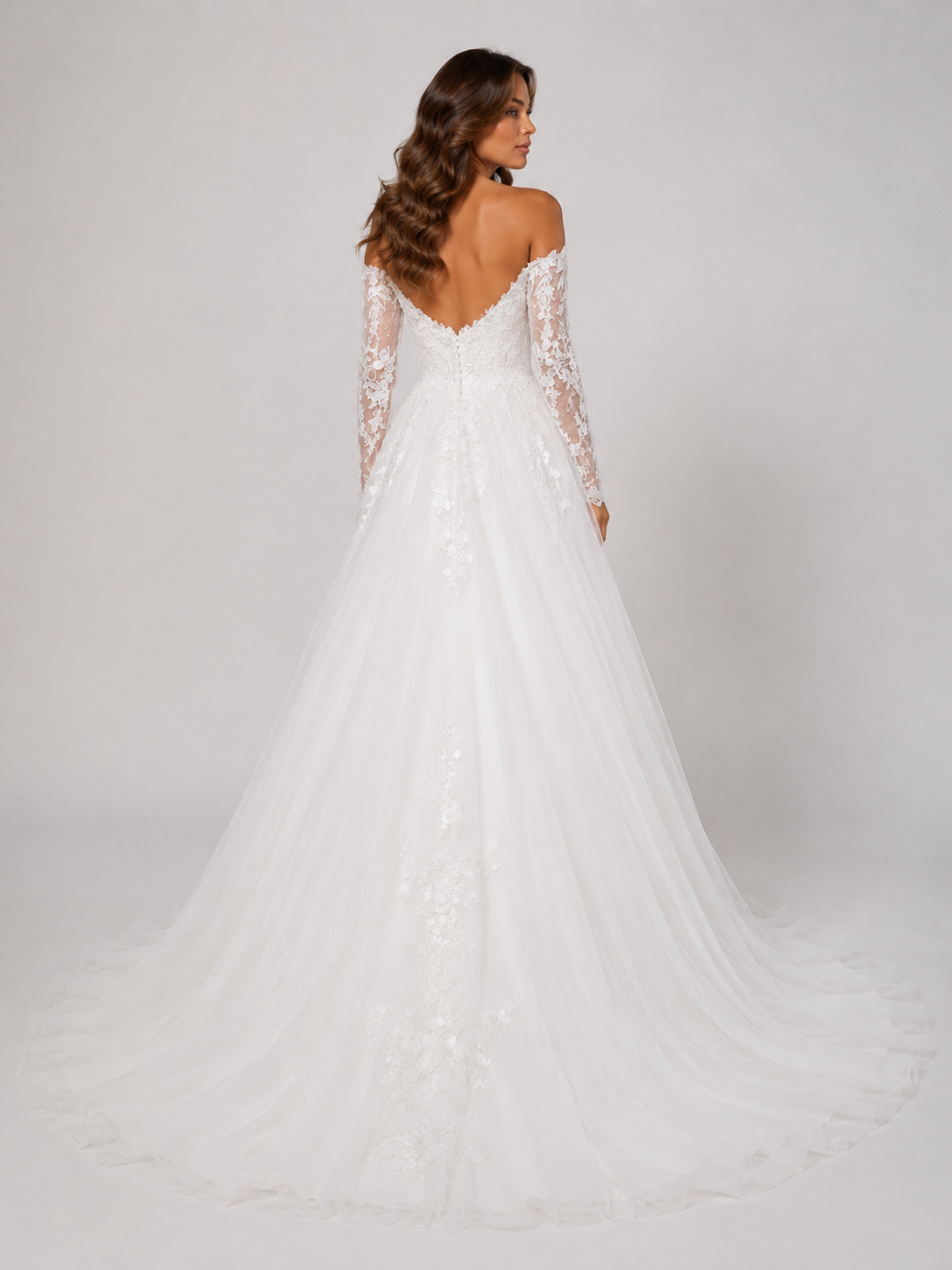 Elegant Off-the-Shoulder Long Sleeve Lace Applique A-Line Wedding Dress with Chapel Train