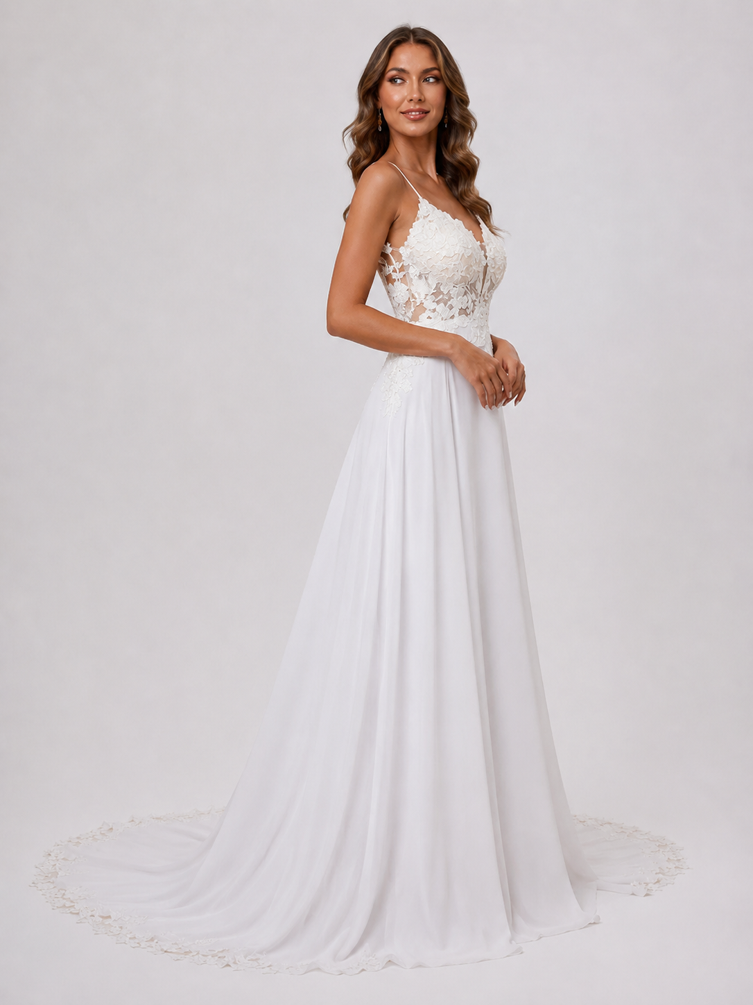 Elegant V-Neck Spaghetti Strap Lace Appliquéd Chiffon A-Line Wedding Dress with Low Back and Chapel Train
