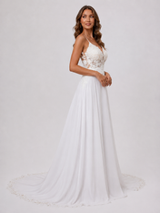 Elegant V-Neck Spaghetti Strap Lace Appliquéd Chiffon A-Line Wedding Dress with Low Back and Chapel Train