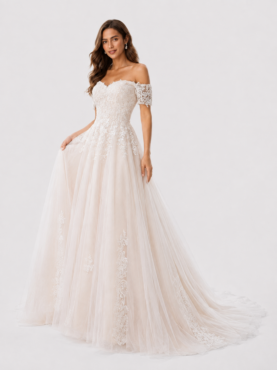 Elegant Off-the-Shoulder Lace Applique A-Line Wedding Dress with Chapel Train