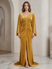 Mustard Yellow V-Neck Velvet Long-Sleeve Evening Dress with Front Slit