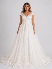 Elegant Cap Sleeve Lace Applique A-Line Wedding Dress with Chapel Train